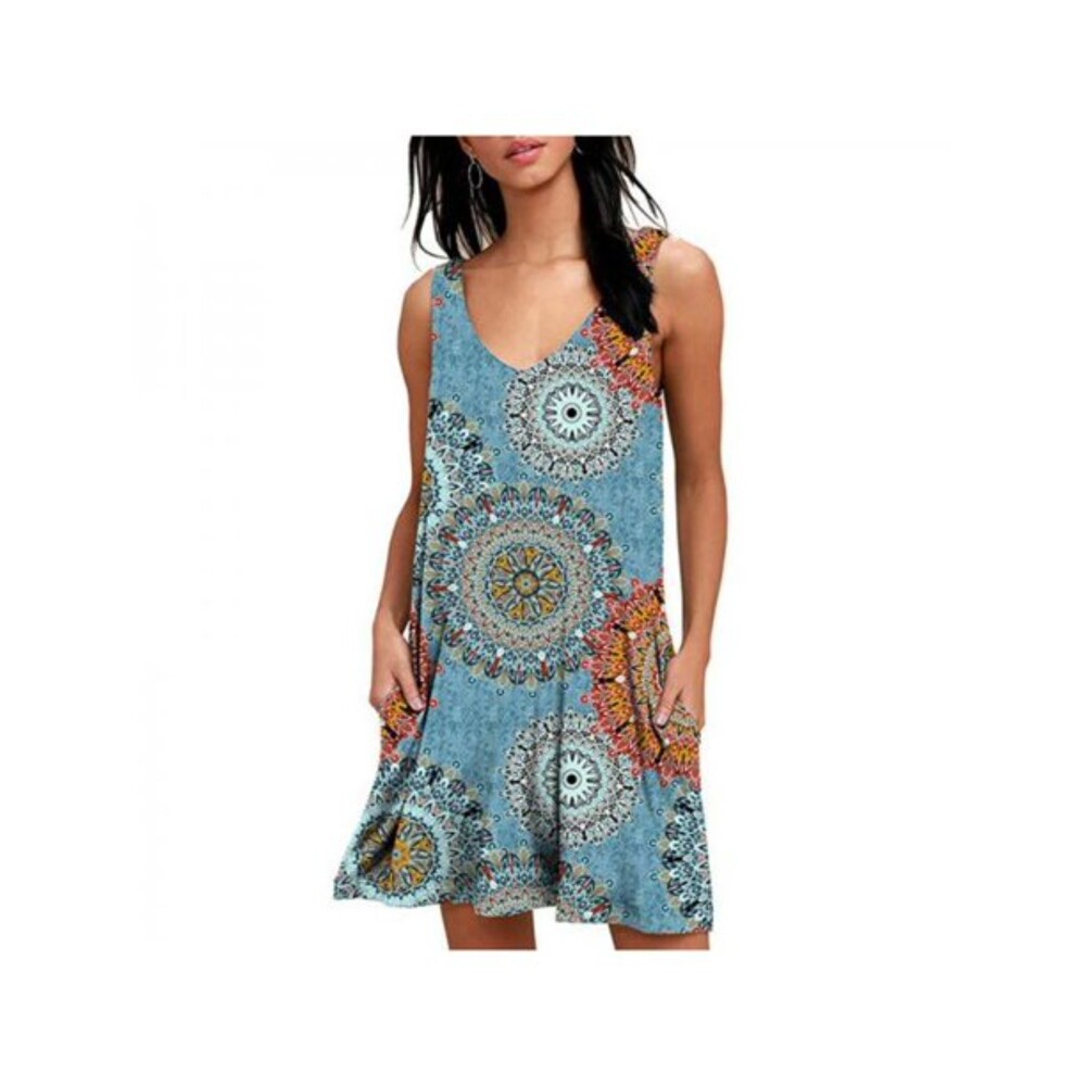 Sleeveless T-Shirt Casual V-Neck Boho Pocket Dress Sz S